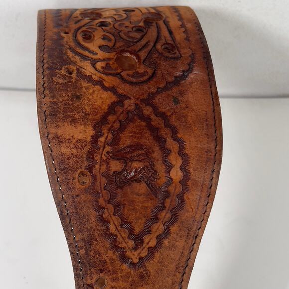 Wide Stamped Tooled Cut-out Vintage Leather Western Boho Belt Horseheads - Picture 10 of 16